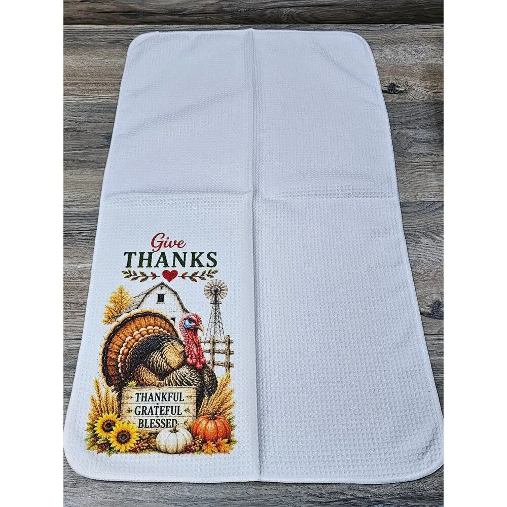 Give Thanks Turkey Kitchen Towel Farmhouse Thanksgiving Decor